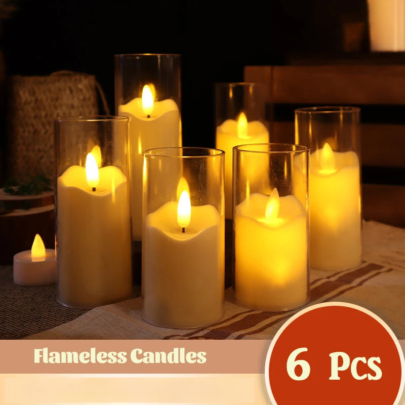Set of 6 flameless glass LED candles for weddings and Christmas
