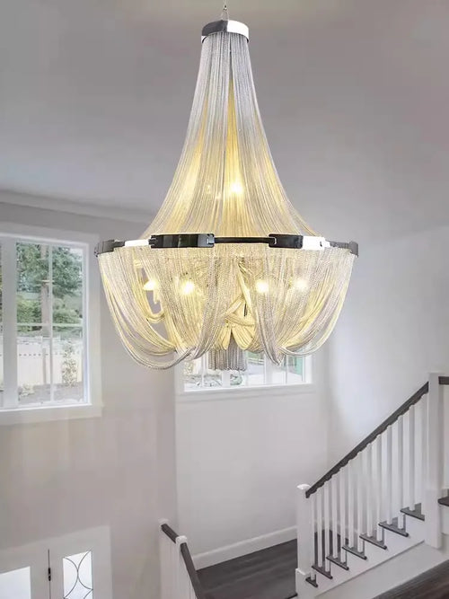 Silver aluminium tassel pendant chandelier with LED lighting - vue 4 sur 6