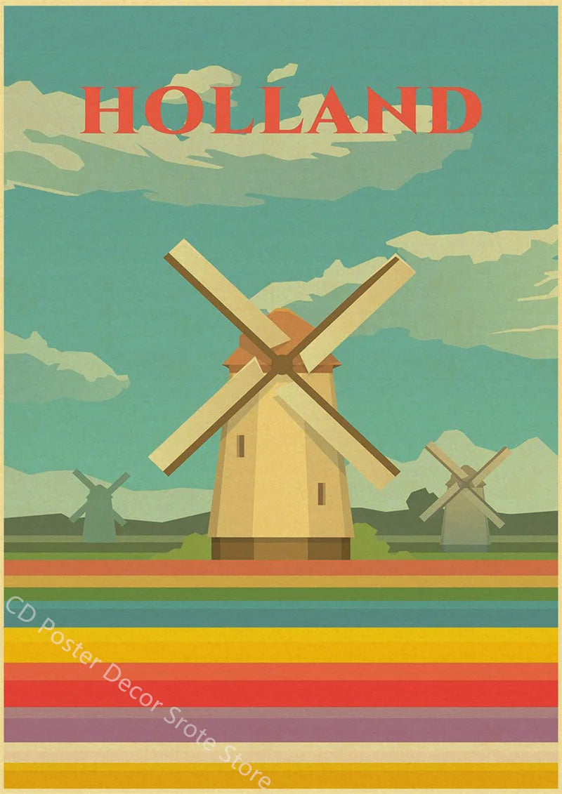 Retro world cities poster monument architecture wall decor