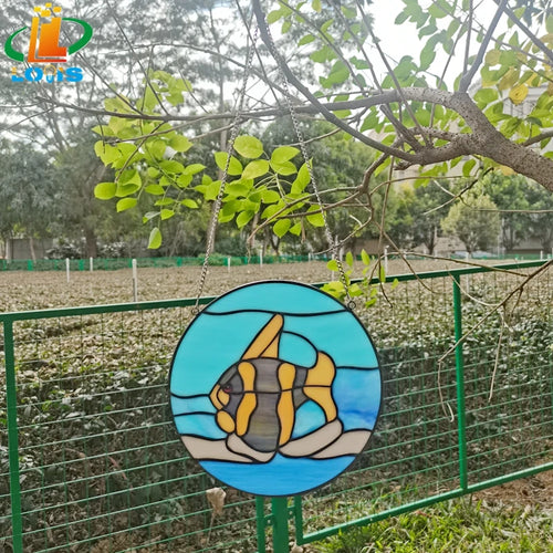 Decorative round lotus stained glass heart with tropical fish - vue 11 sur 11