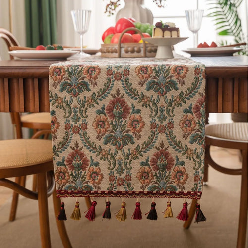 Green jacquard floral table runner with tassels countryside style