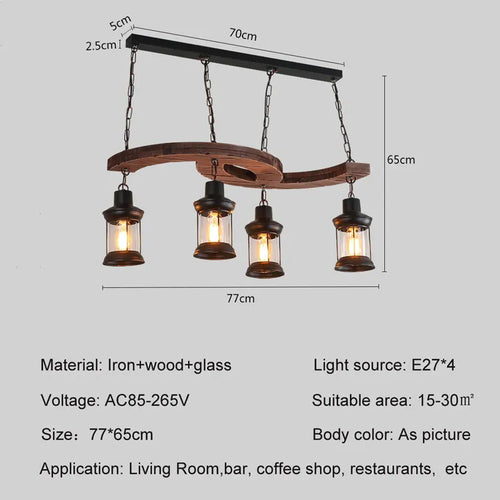 Retro industrial 4-head wood and iron chandelier for café, bar or loft - vue 3 sur 7