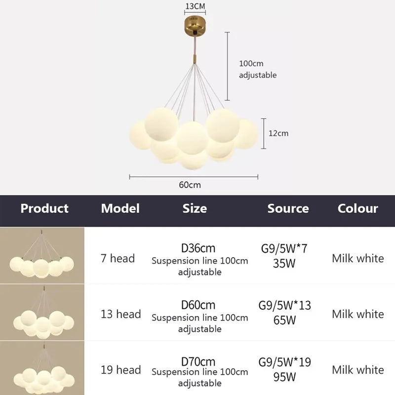 Modern glass chandelier with white LED spheres for living and dining room - vue 6 sur 18