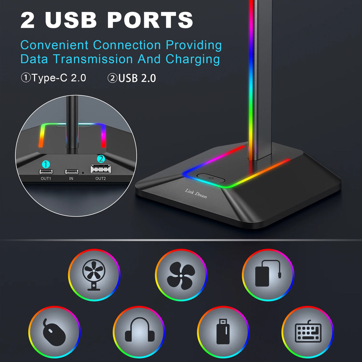 link dream support casque jeu rgb usb type-c pc bureau - vue 3 sur 8
