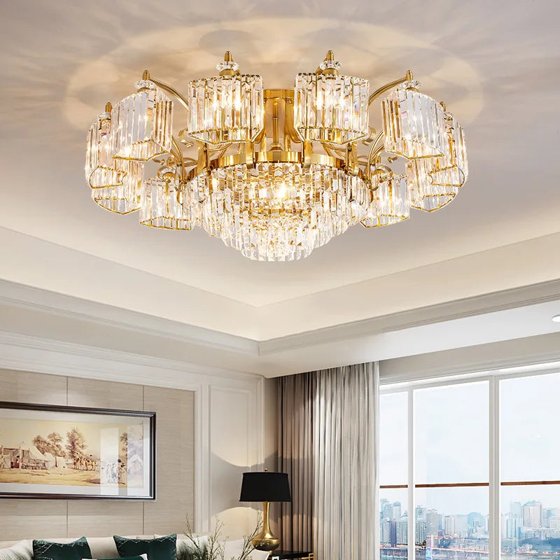 Modern gold crystal ceiling light with three-colour LED lighting