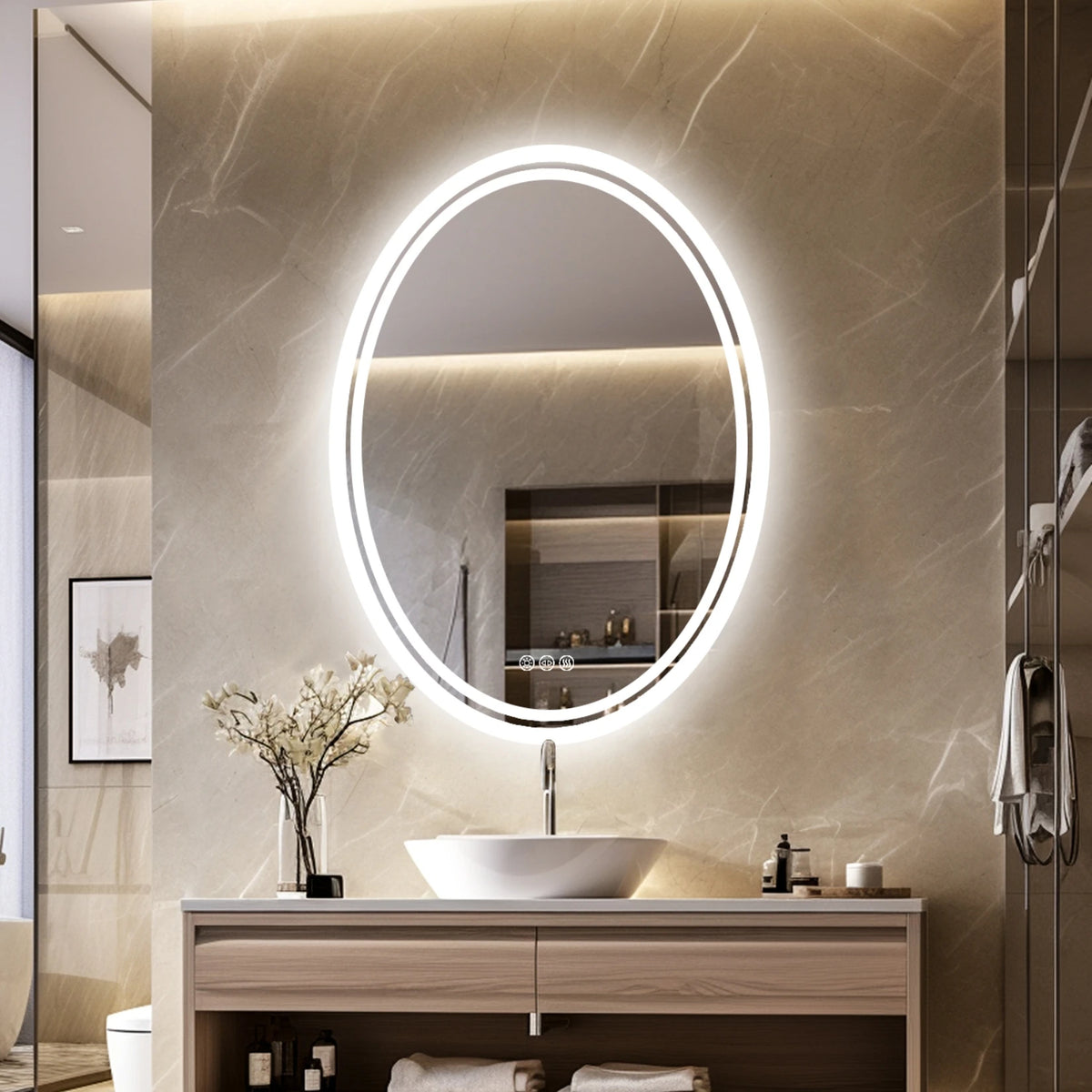 Oval illuminated mirror with anti-fog function and adjustable lighting - vue 4 sur 8
