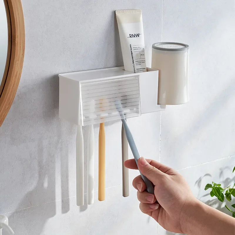 Wall-mounted toothbrush holder and bathroom organiser