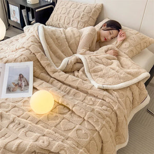 Thick winter fleece throw with heart pattern for sofa and bed