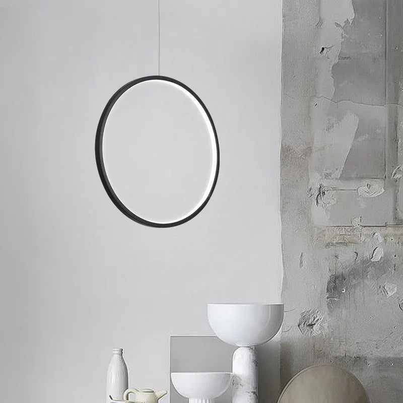 Minimalist LED ring pendant light for living room, black modern chandelier