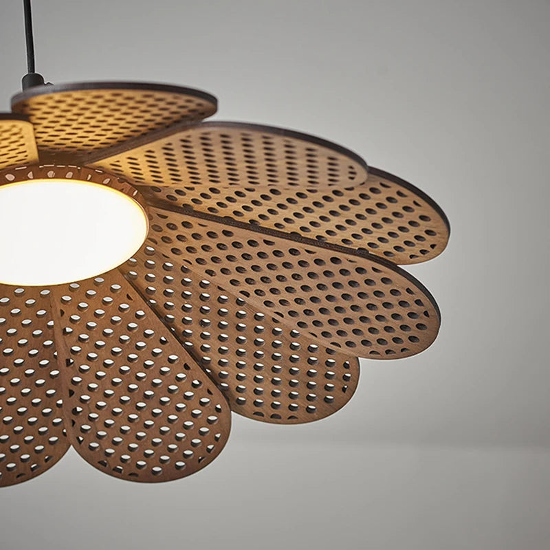 Korean wood petal-shaped pendant light with adjustable cord - vue 6 sur 8