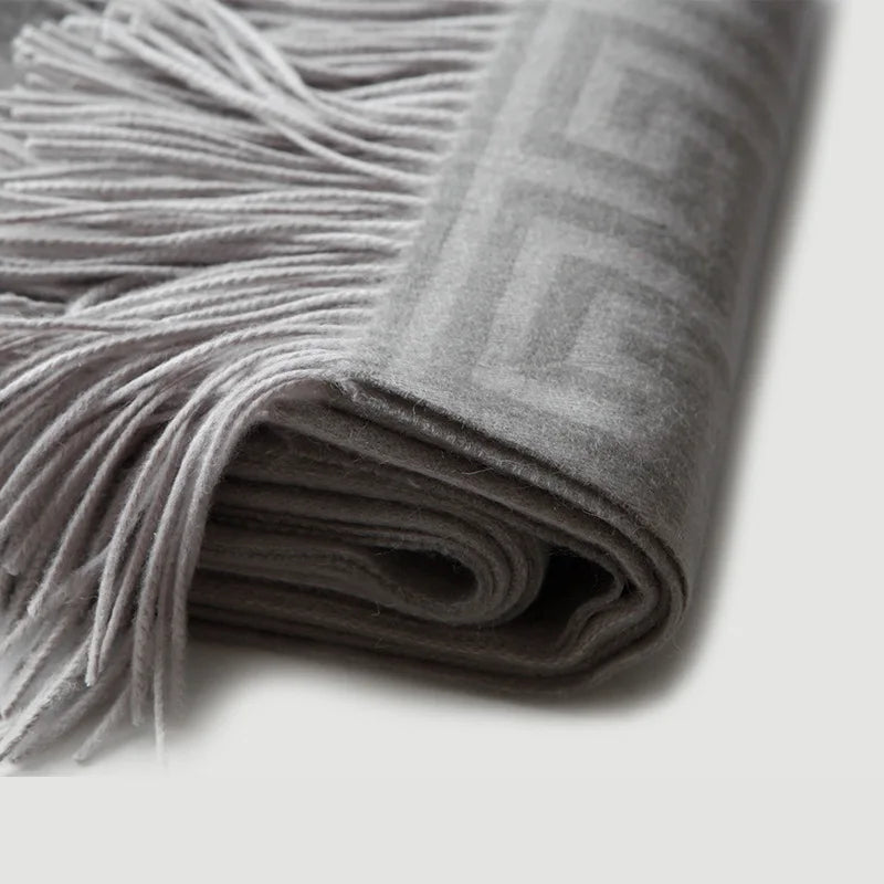 Jacquard wool throw with meander pattern, warm Chinese style