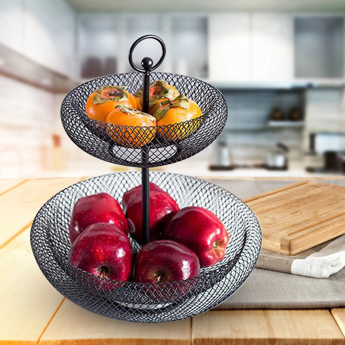black wrought iron two-tier fruit stand