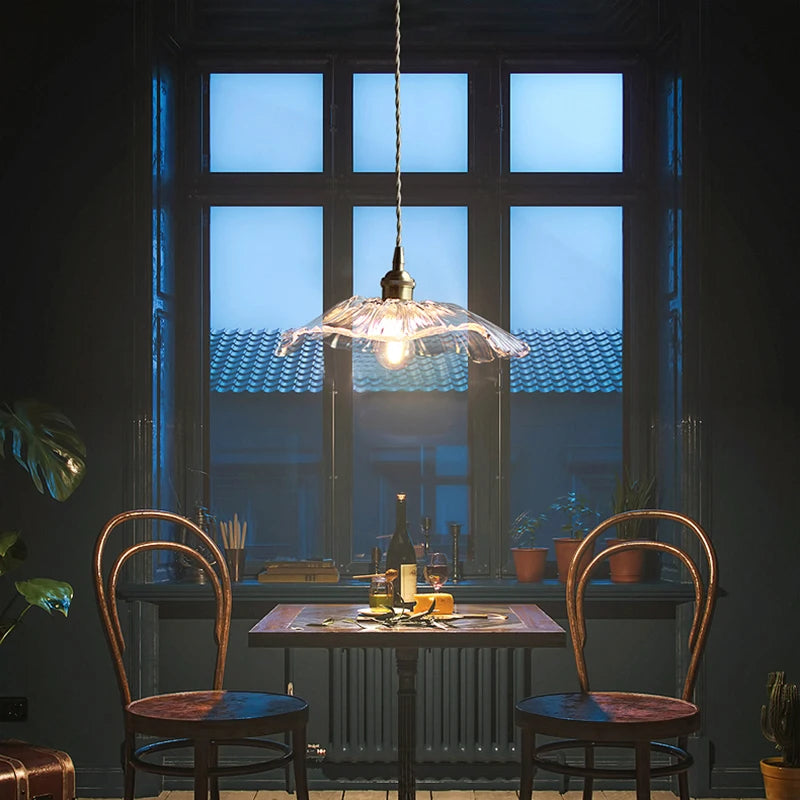 Nordic glass and brass LED pendant light flower shape - vue 5 sur 13