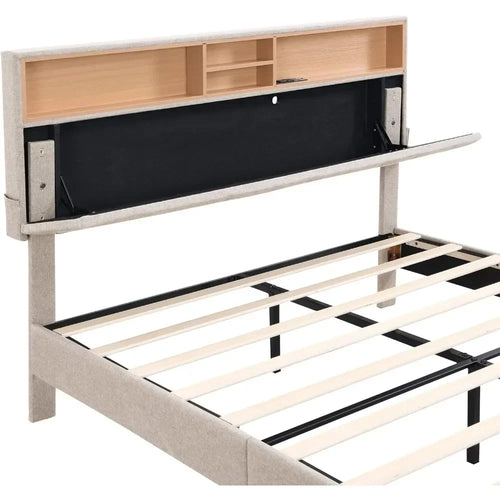 Bed frame bedroom furniture: headboard with storage and USB ports, full, gray modern upholstered platform bed - vue 4 sur 8