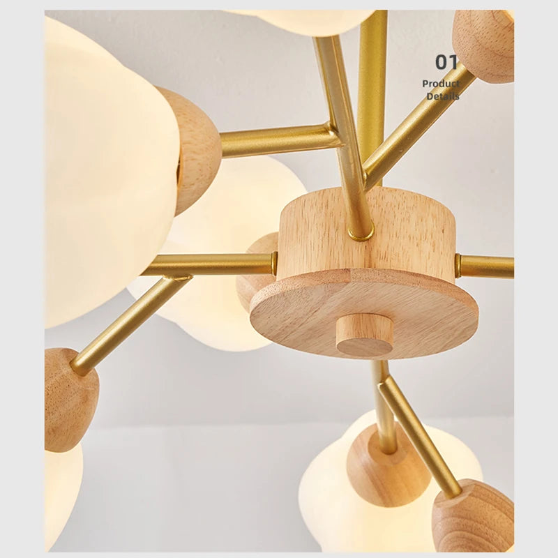 Nordic wooden chandelier with flower-shaped LED light - vue 5 sur 9