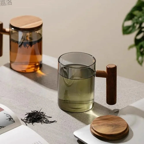 borosilicate glass mug with wooden handle and lid - vue 3 sur 8