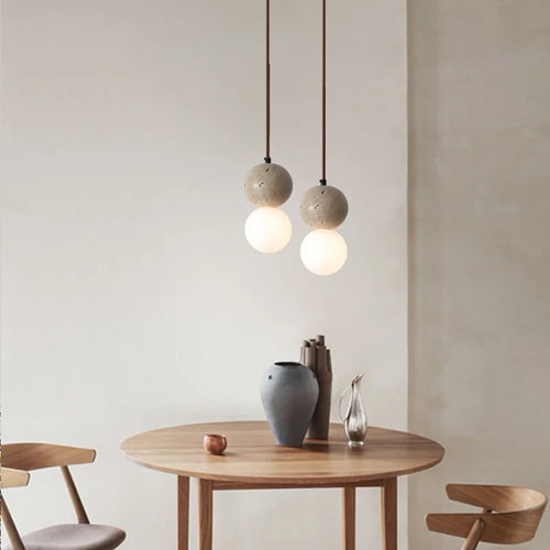 Retro natural stone pendant light with white glass shade - vue 4 sur 8