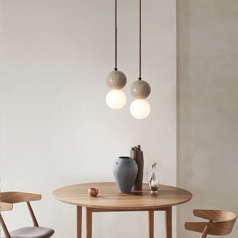 Retro natural stone pendant light with white glass shade - vue 3 sur 8