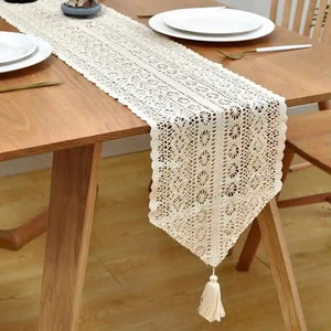 Boho crochet lace table runner with ecru tassels