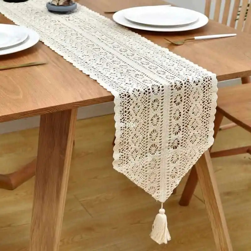 Boho crochet lace table runner with ecru tassels
