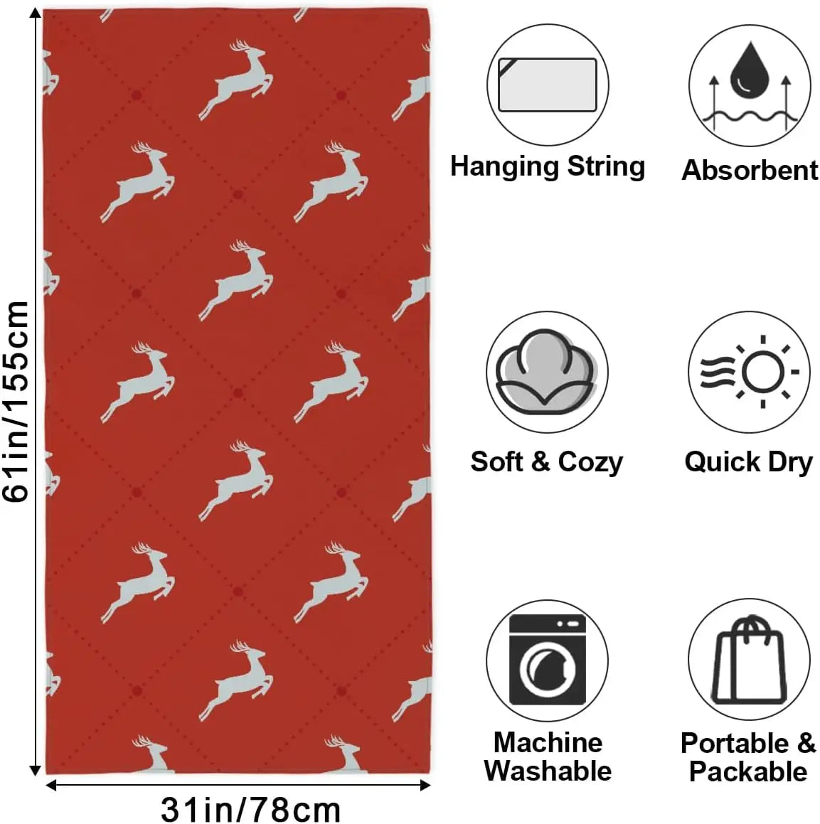 Microfibre beach towel with deer design quick dry - vue 3 sur 6