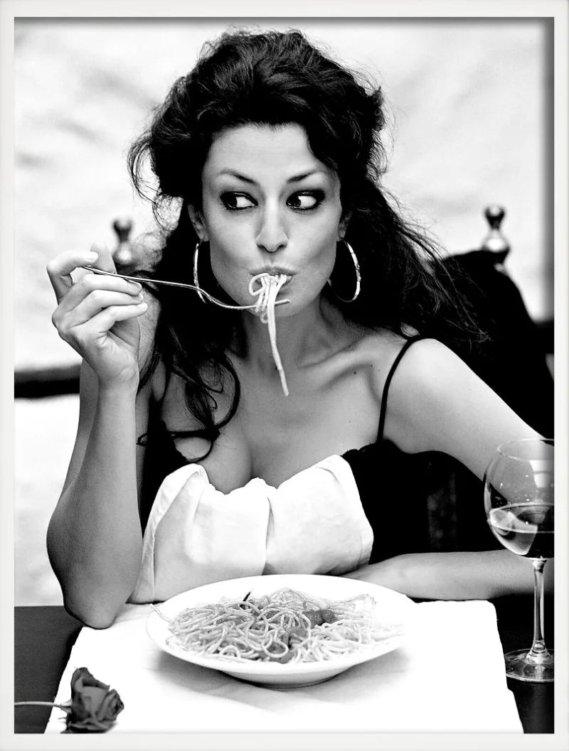 Decorative wall art women drinking wine eating spaghetti for the home
