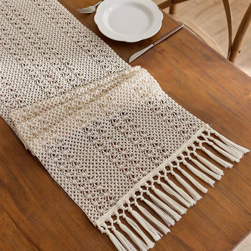 Beige boho woven table runner with geometric tassels