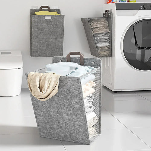 Multifunctional wall-mounted foldable adhesive laundry basket for clothes - vue 6 sur 10