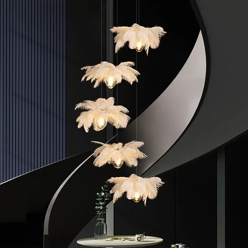 2024Staircase Feather Chandelier Ostrich Glass Design Pendant Chandelier Lighting Home Decor Suspend Luster Fixtures