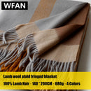 Jacquard wool throw with fringes and striped pattern for living room