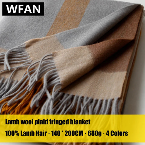 Jacquard wool check throw with fringe for living room and travel - vue 4 sur 7