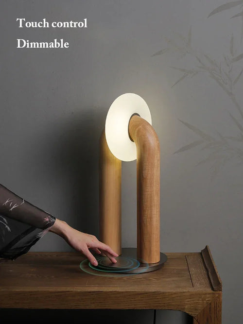 Japanese retro wooden bedside lamp with artistic design, touch control and dimmer - vue 2 sur 9