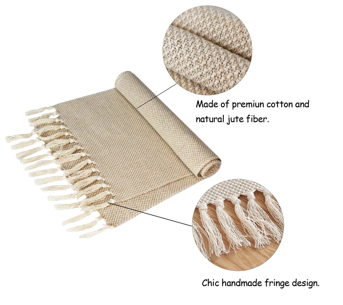 Beige embroidered linen table runner, rustic style - vue 3 sur 7