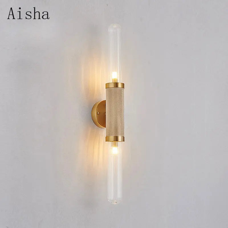 Retro gold double head wall light with striped glass