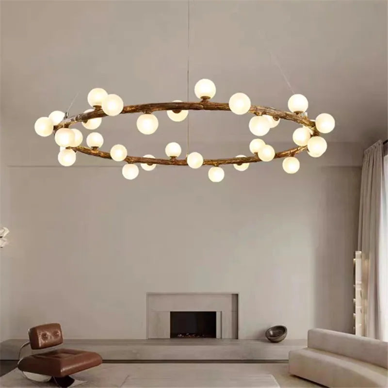 Retro tree branch chandelier in wood and glass