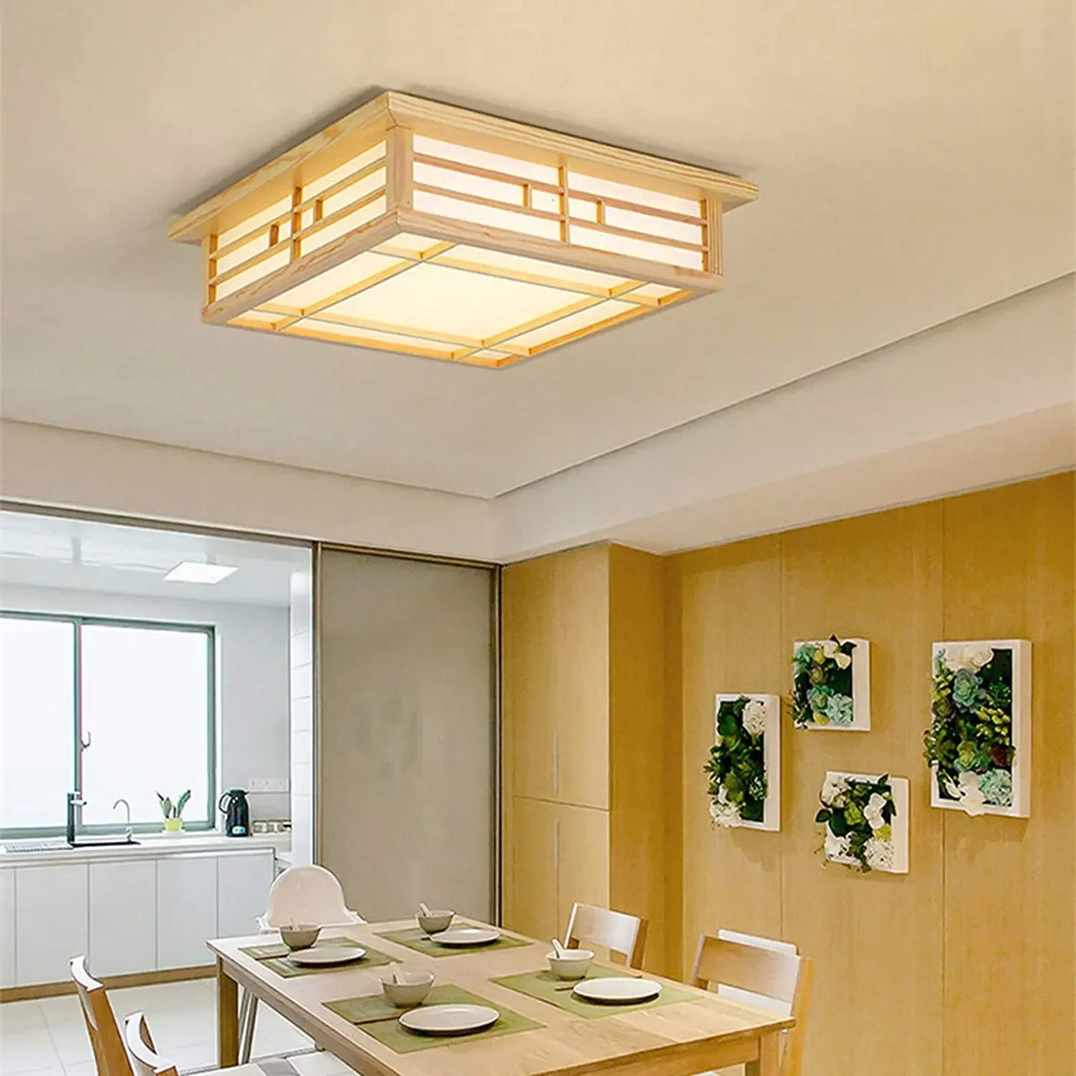 Japanese style wooden LED flush mount ceiling light with remote control