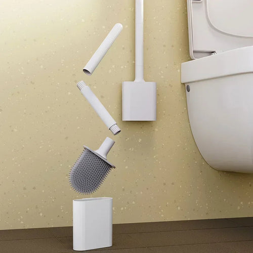 Silicone toilet brush with flexible handle and quick-drying holder