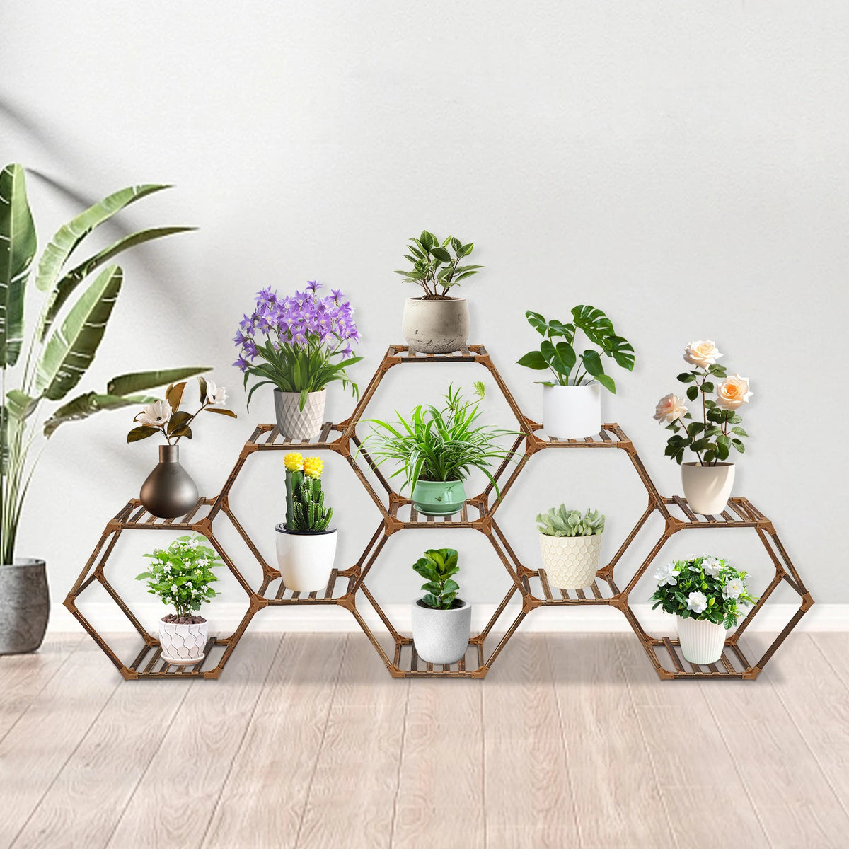 modern wooden plant shelf for outdoor garden