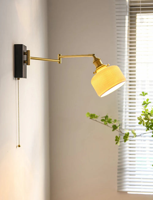 Nordic wood bedside wall lamp with adjustable ceramic shade