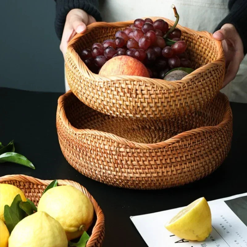 Handwoven rattan storage basket for kitchen and picnic