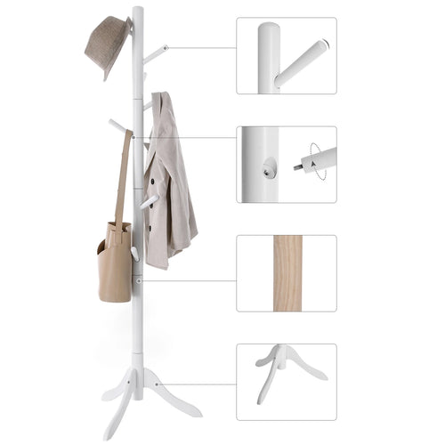 VASAGLE Standing Coat Rack, Solid Wood Coat Rack, Tree-Shaped Coat Rack with 8 Hooks, 3 Height Options, for Clothes, Hats, Bags - vue 4 sur 7