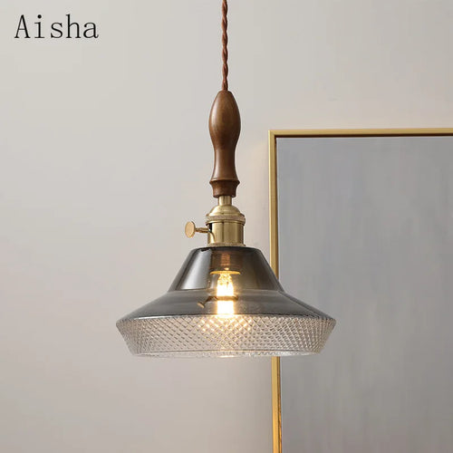 Walnut and glass pendant light for modern interiors - vue 2 sur 8