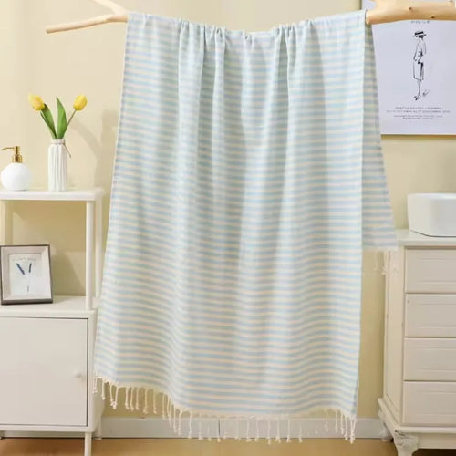 Large striped Turkish beach towel with fringes, absorbent