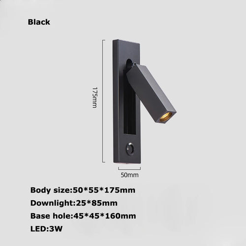Black Brass Rectangular LED Wall Lamp Wall Sconce Wall Spotlight Reading Light with Switch and USB Port, Rotatable For Bedroom - vue 21 sur 22