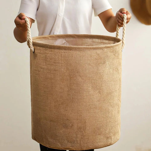 Foldable cotton and linen laundry basket large capacity for clothes and toys - vue 4 sur 10