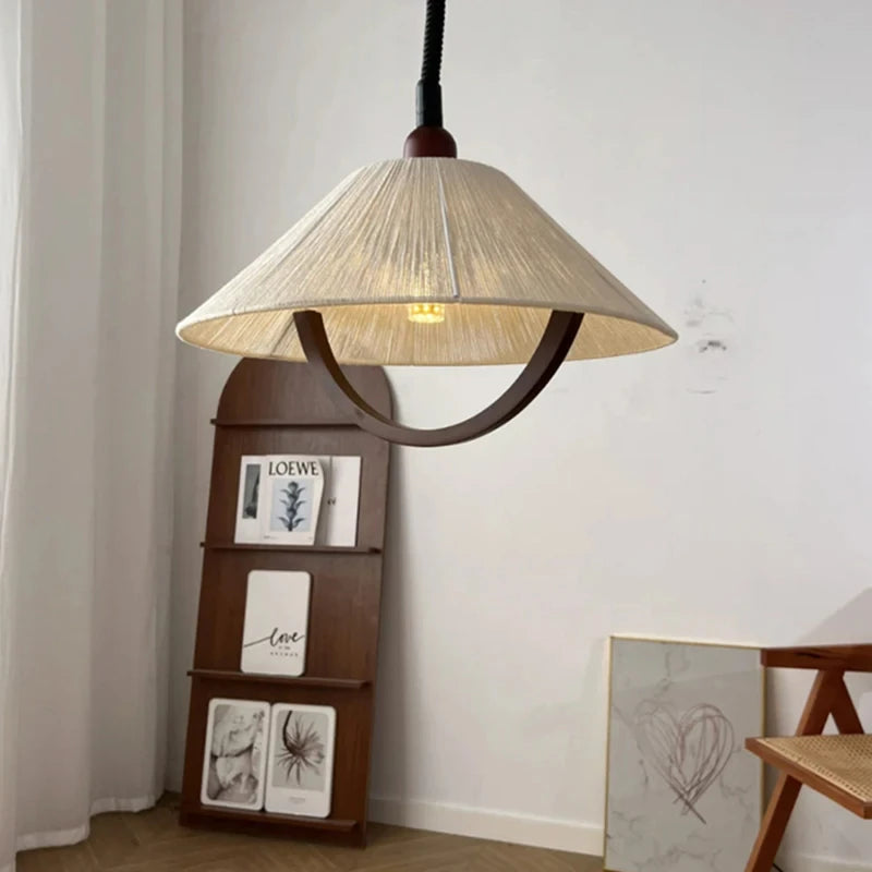 Hemp rope and wood pendant light new style - vue 4 sur 7