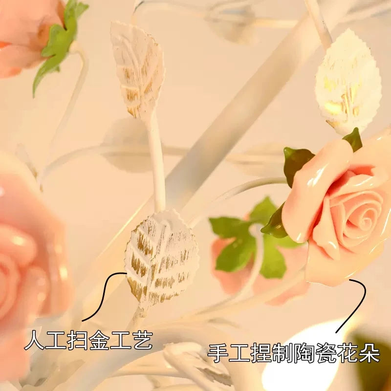 Wrought iron chandelier with romantic rose floral decoration - vue 6 sur 11