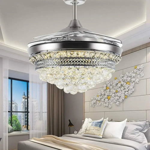 Chrome crystal ceiling fan chandelier with changing LED light - vue 3 sur 7