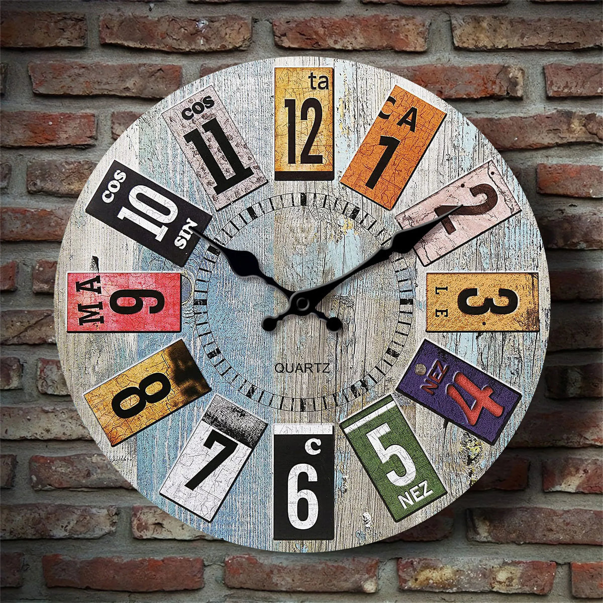 Nordic vintage style wooden wall clock, light blue wood texture with colorful Arabic numerals design wall clock, silent clock, f