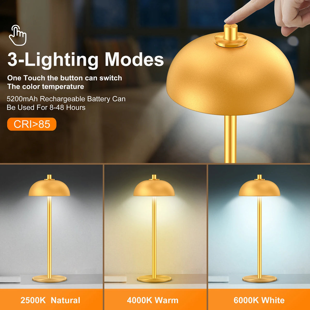 SUBORT Table Lamp for Bedroom Rechargeable Wireless Touch Lamp Camping Mushroom Lamp Creative Mood Light USB-C Desk Lamp